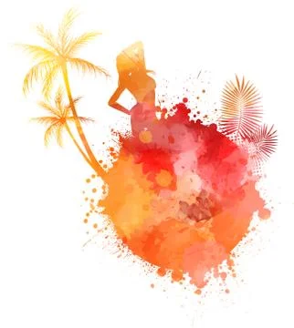Abstract painted splash shape with silhouettes. Travel concept - partying gir Stock Illustration
