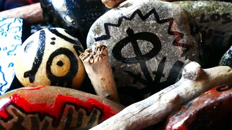 Abstract painted Viking drawing patterned spiritual meditation stones Stock Footage 158932809