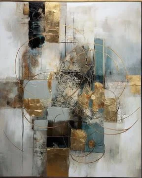 Abstract painting featuring a combination of gold, white and gray tones Stock Illustration
