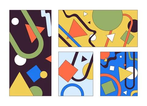 Abstract paintings with geometric pattern 2D linear cartoon objects set Stock Illustration
