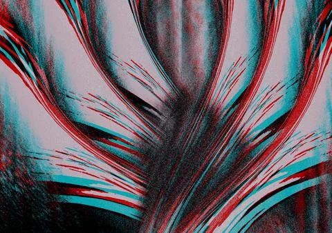 Abstract Palm Leaf Texture With Red Cyan Glitch Effect, Grainy Brushstrokes.. Stock Illustration