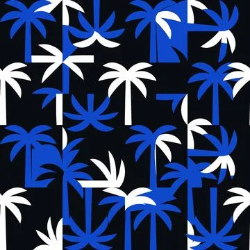 Abstract Palm Tree Pattern in Blue and White on Dark Background. Stock Illustration