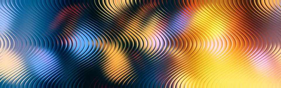 Abstract panoramic 3D background with smooth glossy wavy lines. Fluid metal.. Illustrazione stock