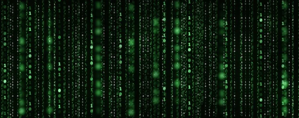 Abstract panoramic long binary code background with green digits forming a .. Stock Illustration