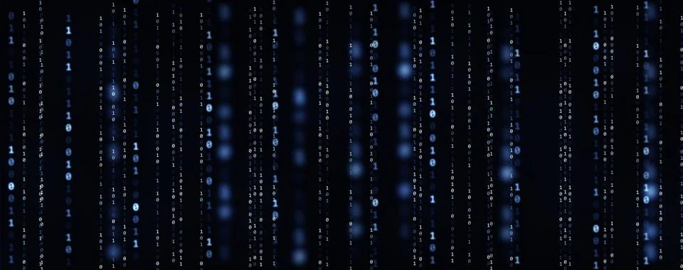 Abstract panoramic long binary code background with blue digits on a dark i.. Stock Illustration