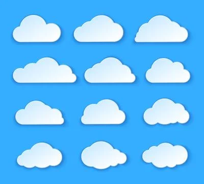 Abstract paper clouds set. White paper clouds design on blue background. Vect Stock Illustration