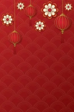 Abstract paper cut 3D lanterns and flowers illustration Chinese style on re.. Stock Illustration