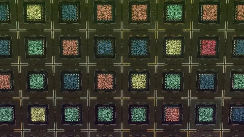 Abstract parallel rows of square shaped QR codes moving on dark green background Video stock 155070368