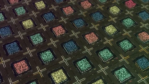 Abstract parallel rows of square shaped QR codes moving on dark green background Stock Footage 155070572