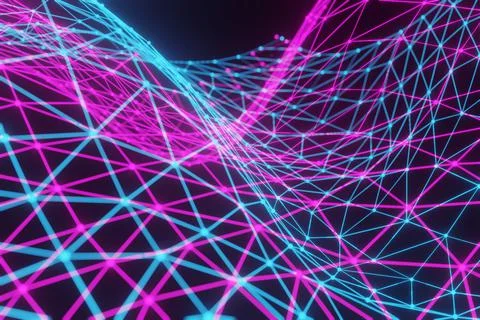 Abstract partially blurred background, polygonal grid of neon pink and blue c Stock Illustration