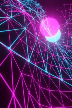 Abstract partially blurred background, polygonal grid of neon pink blue color Stock Illustration