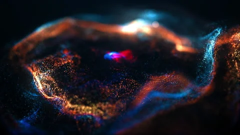 Abstract particle drops collide, fluid dynamics simulation, 4k Stock Footage 145715106