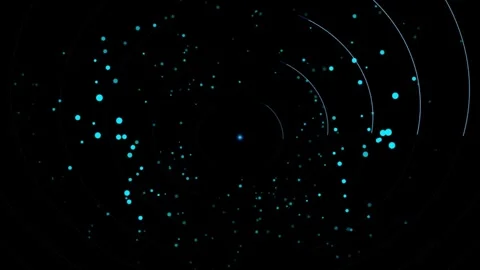 Abstract particle explosion expanding into concentric ring orbits on black .. Stockbeeldmateriaal 343658702