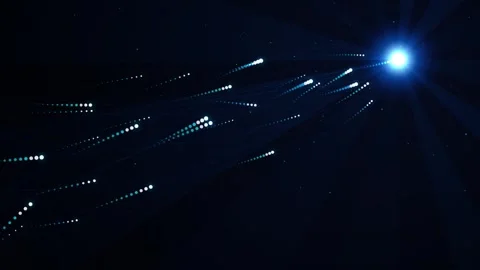 Abstract particle stream moving towards glowing blue star on dark backgroun.. Stockbeeldmateriaal 345572927