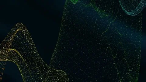 Abstract Particle Waveform:  Dynamic Green and Yellow Luminosity in Dark Spac Video stock 299245608