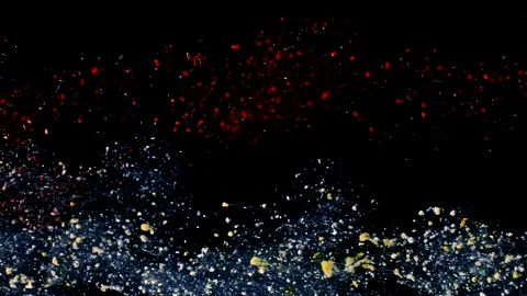 Abstract particles of blue and red liquid flow and float motion on black 動画素材 138593383