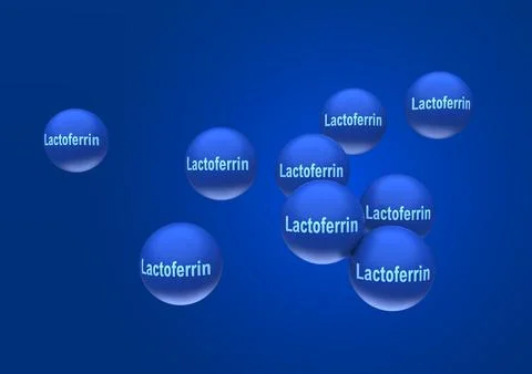 Abstract particles of lactoferrin in the form of blue balls with the inscript Stock Illustration