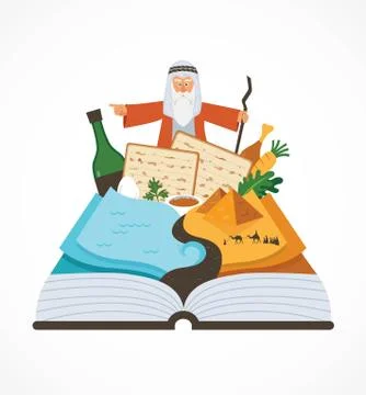 Abstract passover story haggadah book over traditional food and Mozes Stock Illustration
