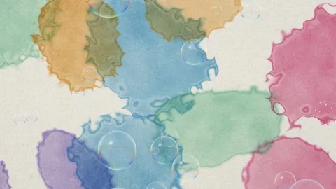 Abstract Pastel Watercolor Splashes Background Loop with Floating Soap Bubbles Stock Footage 346570910