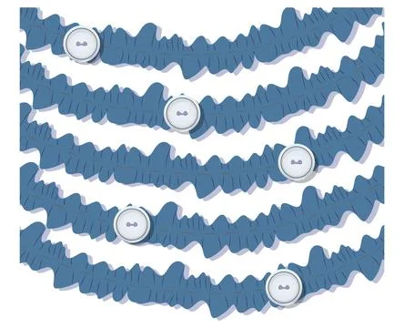 Abstract patchwork composition with fabric flounces and buttons. Illustrazione stock