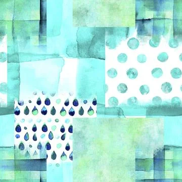 An abstract patchwork seamless pattern in teal blue, cool coloured watercolor Stock Illustration