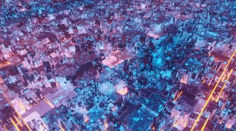 Abstract pattern 3D rendering of giant neon city, view from top Stock Illustration