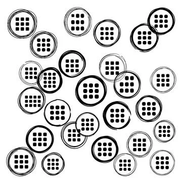 Abstract pattern of black menu icons with 3x3 dots inside circles on a whit.. Illustrazione stock