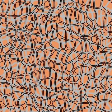 Abstract pattern with black tangled lines over orange and gray striped Stock Illustration
