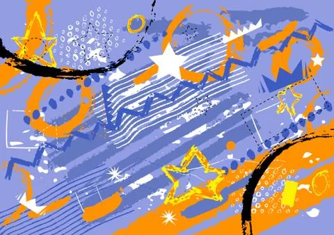 Abstract pattern with blue and orange colored crayon drawn lines, circles, an Illustrazione stock