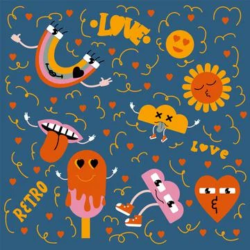 Abstract pattern of cartoon retro stickers. Illustration of a rainbow, smiley Stock Illustration