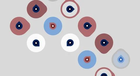 Abstract pattern. Circles contain teardrop shapes. Colors include pinks, blue 스톡 일러스트