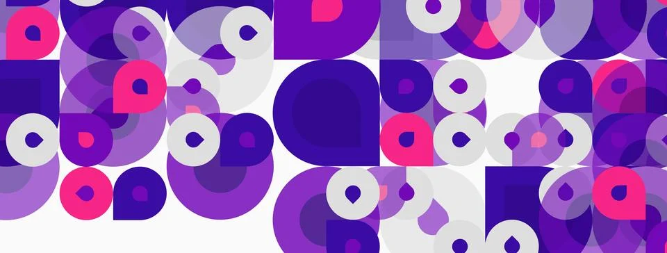 Abstract pattern. Circles, squares overlap creating vibrant purple, pink hues イラスト素材
