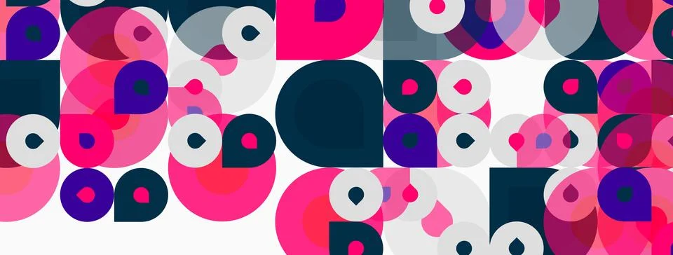 Abstract pattern. Circles, squares overlap. Pink, purple, navy dominate white Illustrazione stock