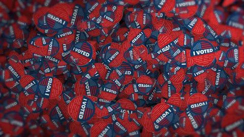 Abstract pattern of circular red and blue "I Voted" stickers with depth effects Stock Illustration