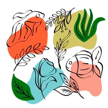 Abstract pattern with color spots, fish, leaves, flowers in a linear style Stock Illustration