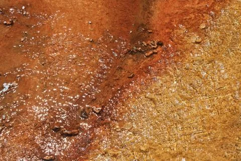 Abstract pattern of colorful algae in hot geyser runoff, Yellowstone N.P. Stock Photos