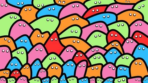 Abstract pattern of colorful, blob like figures with eyes, creating a playf.. Stock Illustration