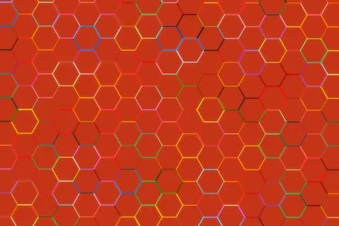Abstract pattern of colorful hexagons on red background Stock Photos