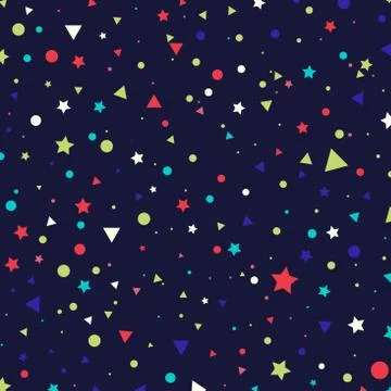 Abstract pattern colorful small circles, stars and triangles on blue backgrou 스톡 일러스트