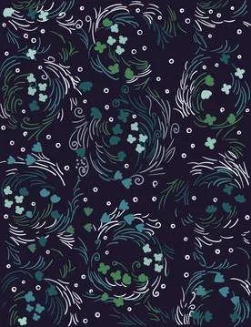 Abstract pattern composed using curved lines, flower buds and leaves Stock Illustration