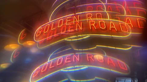 Abstract pattern created with prism viewing Golden Road Brewery's neon sign Stock Photos