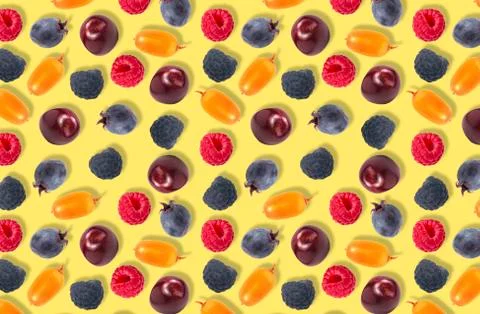Abstract pattern. Different and multicolored ripe sweet forest berries on a l Foto stock