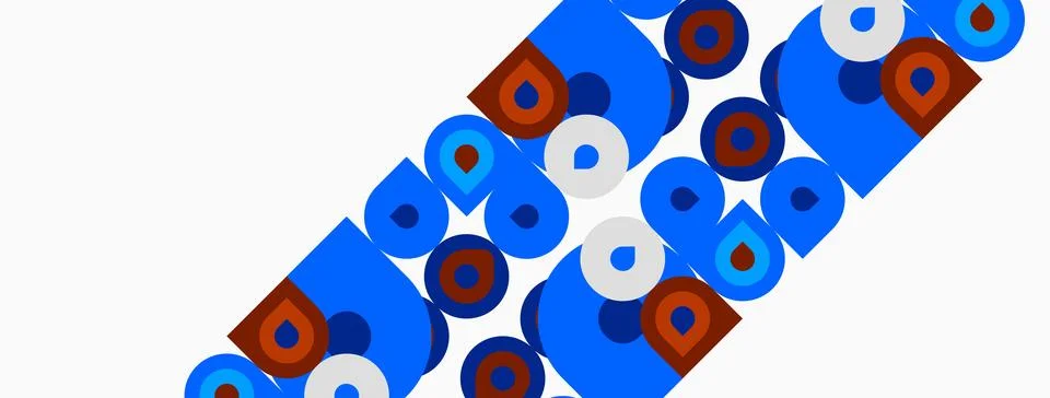Abstract pattern features blue shapes, circles, squares. White background Stock Illustration