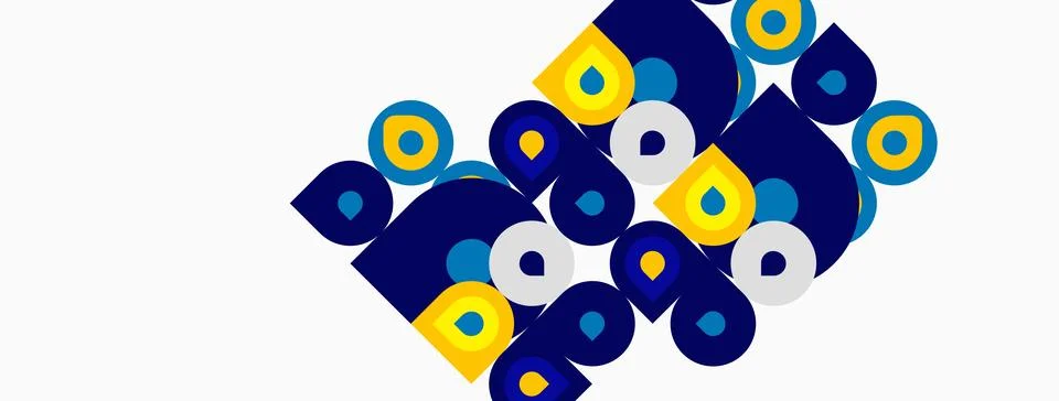 Abstract pattern features blue, yellow circles. Shapes overlap creating dynam Illustrazione stock