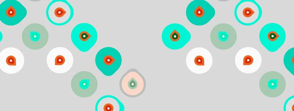 Abstract pattern features circles, dots. Colors include teal, orange, white, Stock Illustration