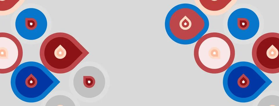 Abstract pattern features circles, droplets. Red, blue, pink hues dominate Stock Illustration