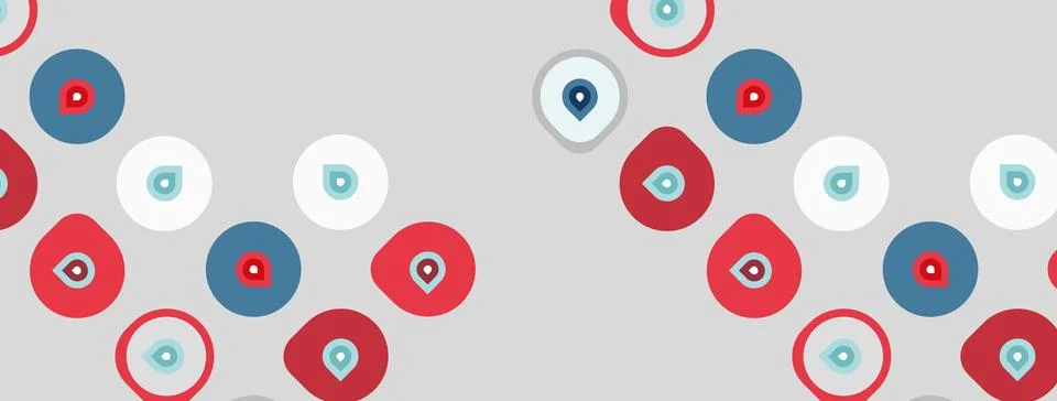 Abstract pattern features circles, eyes, map markers. Red, blue, white colors Stock Illustration