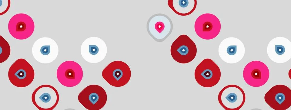 Abstract pattern features circles, eyes, dots. Pink, red, white, blue colors Stock Illustration