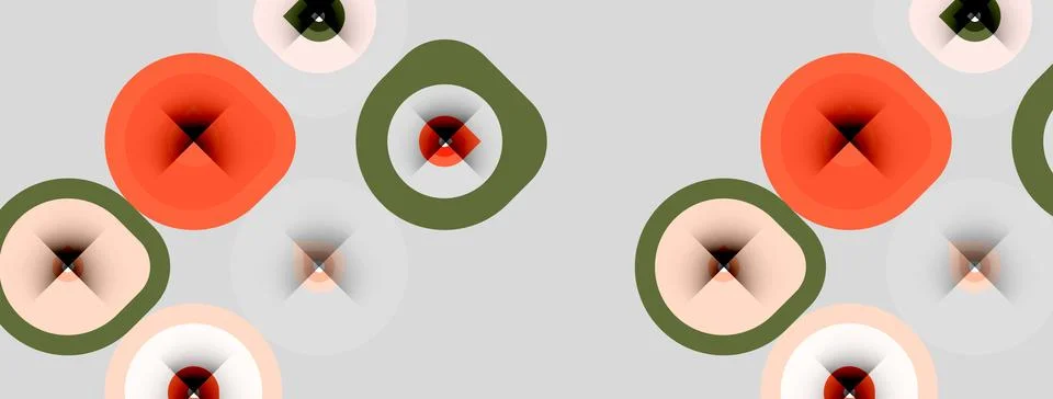 Abstract pattern features circles, ovals. Colors include orange, green, gray. Illustrazione stock