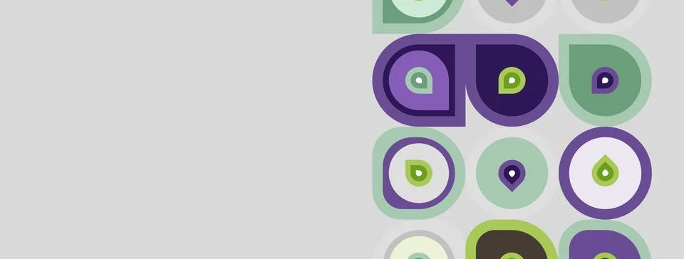 Abstract pattern features circles, ovals, purple, green hues. Minimalist desi Stock Illustration